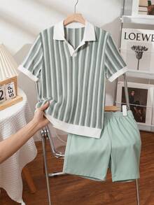 2pcs Tween Boys Spring/Summer Casual Preppy White & Red Striped Polo Shirt & Red Woven Shorts Set, Suitable For Summer Outdoor Outings - Green - View 8