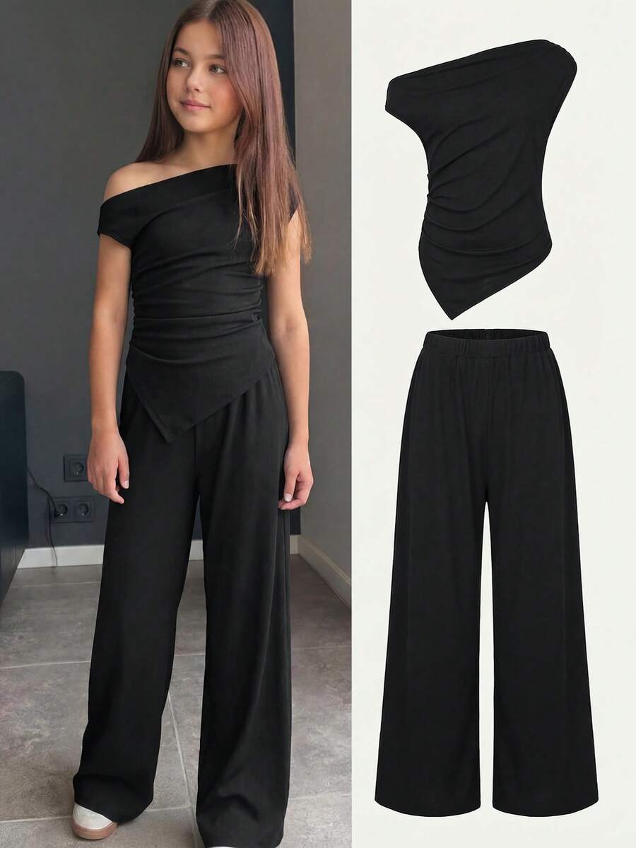 SHEIN Conjunto de 2 peças para meninas pré-adolescentes, cor café, casual, com blusa de malha justa sem mangas e franzidos nos ombros, ideal para usar em casa, ao ar livre, em viagens, no dia a dia e na escola. Perfeito para usar em casa, ao ar livre, em viagens, no dia a dia e na escola. - Preto - Ver 1