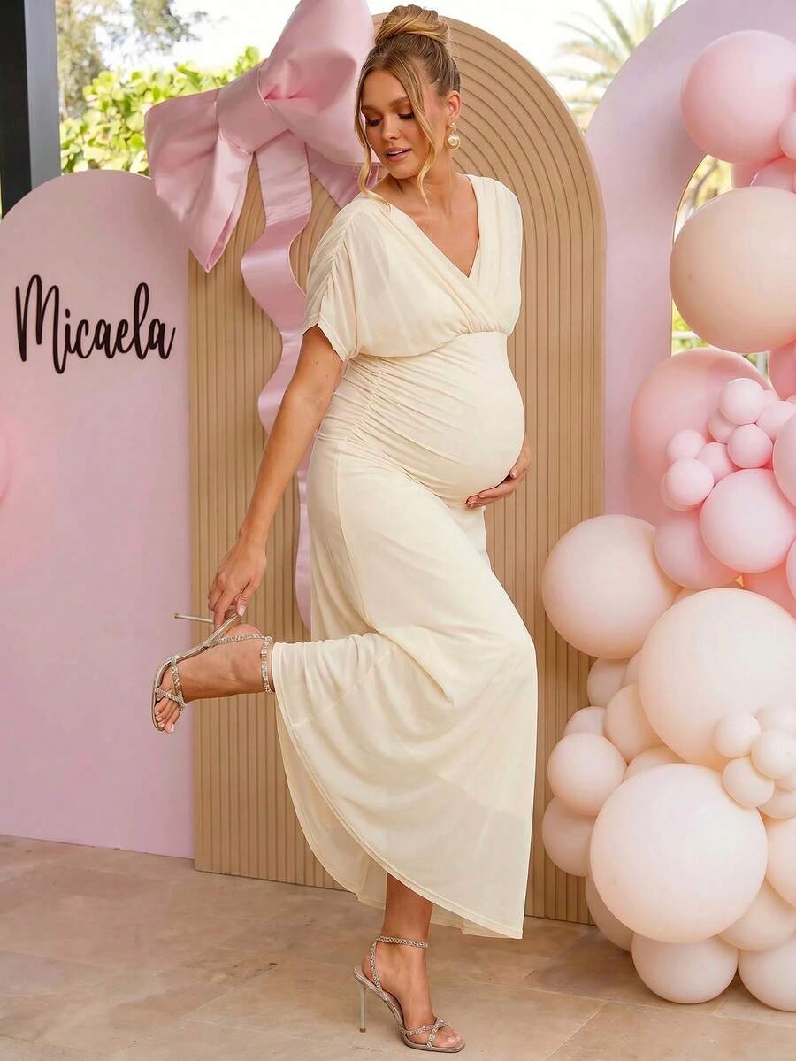 Loomaby Pregnant Women's Solid Color Crossed V-Neck Batwing Sleeve Elegant Dress,Gender Reveal Dress,Maternity Dress,Baby Shower Dress