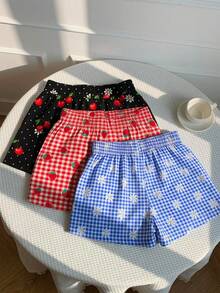 SHEIN EZwear 3件套女士休闲舒适多巴胺雏菊蓝格子短裤、多巴胺草莓红格子短裤、黑色波点樱桃短裤，梭织面料，适合日常穿着、通勤、约会、派对、秋冬夏三季、圣诞节、新年、感恩节、婚礼、海滩、毕业典礼、时尚、优雅、休闲、外出、约会、预订、通勤、闪亮、情人节、优雅、度假、休闲、Y2K、外出、毕业典礼 - 彩色 - 查看 2