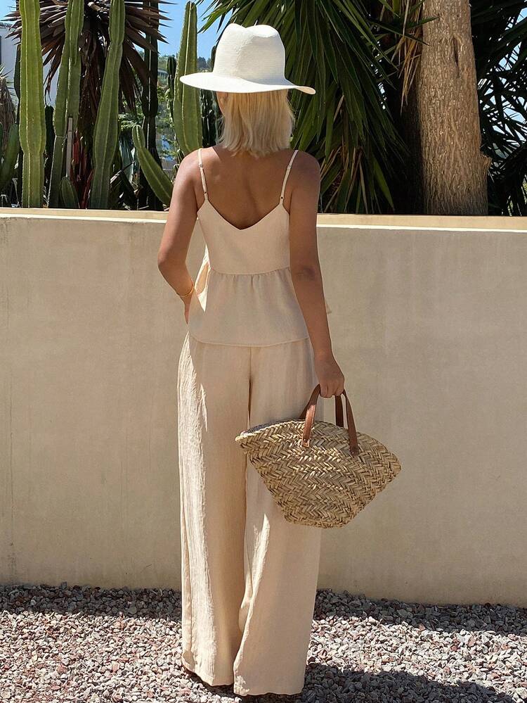Women's Solid Color Cami Top And Pants Casual 2 Pieces Set For Vacation