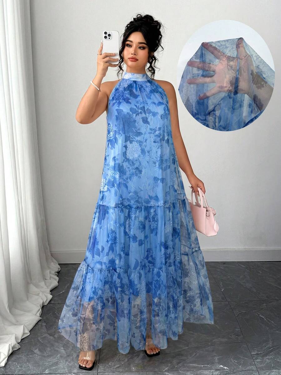 Elenzga Gaun Jala Motif Bunga Segar Dua Lapis Tanpa Lengan Tenun Elegan untuk Wanita Ukuran Plus - Dusty Blue - View 1