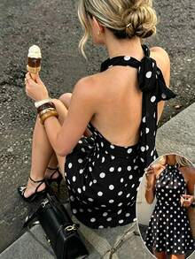 Cévolie Polka Dot Print Halter Tie Back Ruched A-Line Mini Dress, Retro French Chic Style - Black - View 3
