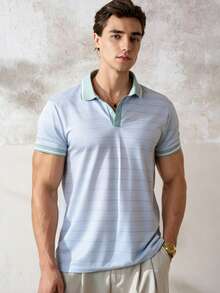 Airaco Men's Blue Striped Button Collar Polo Shirt Golf Summer Smart Casual - Multicolor - View 5
