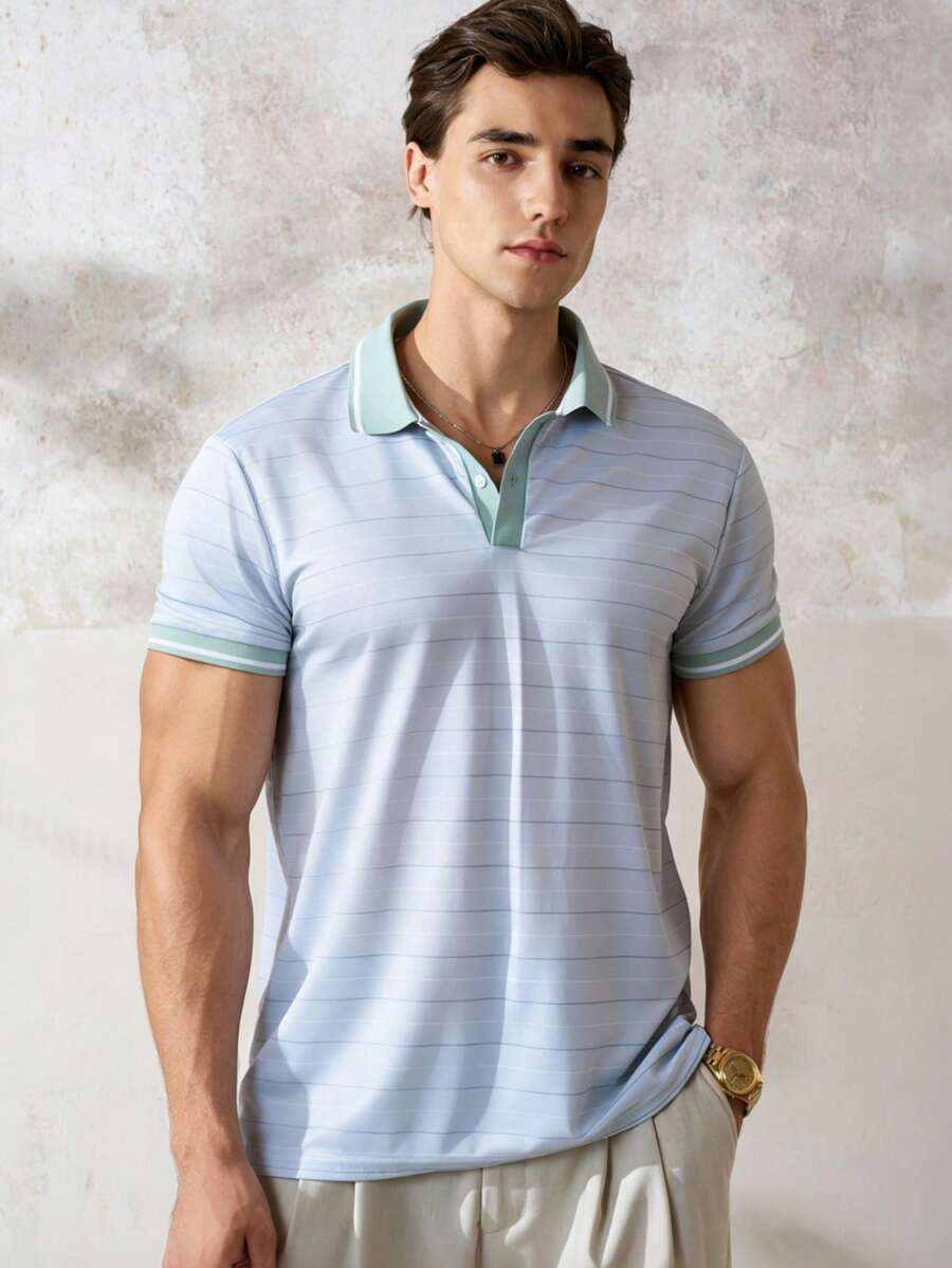Airaco 男士薄荷綠條紋鈕扣領 Polo 衫 - 彩色 - 查看 1
