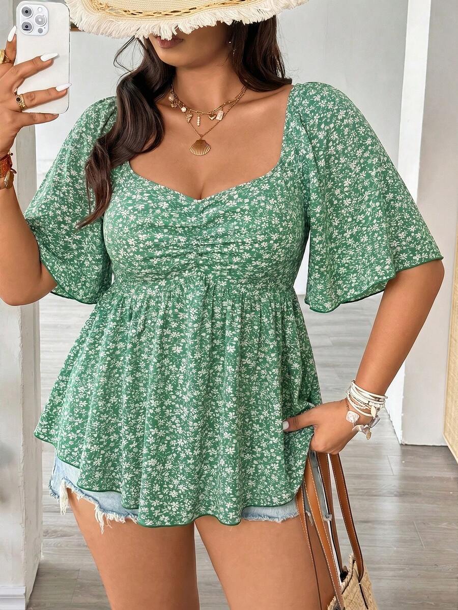 Vionelle Plus Size Spring/Summer Dark Green Base Small Ditsy Floral Sweetheart Collar Ruffle Sleeve Casual Versatile Elegant Blouse Vacation - Green - View 1