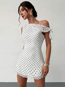 Firerie Damen Sommer Neu Klassisch Retro Polka Dot Asymmetrisches Off-Shoulder Sexy Elegantes Urlaubs Mini Kleid, Mesh Polka Dot Kleid, Asymmetrisches Ausschnitt Kleid, Frühling/Sommer Kleidung, Strandmode, Elegant, Sexy, Urlaub, Strand, Hawaiianisch, Dating, Party, Musikfestival, Abschlussball Kleid, Ballkleid/Braunes Kleid - Weiss - Übersicht 4