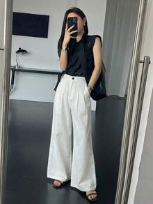 DAZY 女款商務休閒鈕扣拉鍊口袋素色長褲 - 白色 - 查看 2