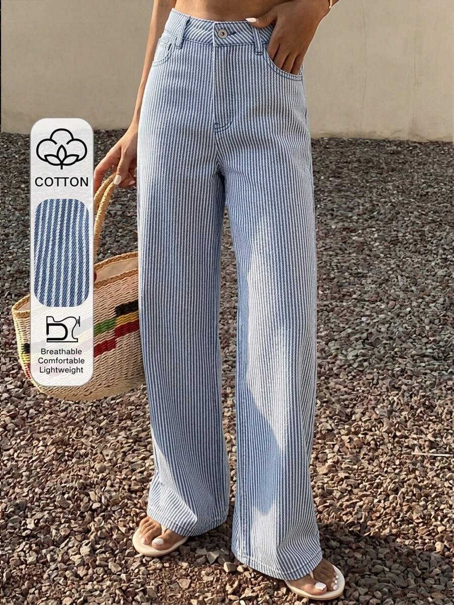 DAZY 女款高腰修身條紋牛仔長褲,適合夏季度假 - 藍色 - 查看 1