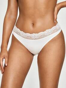 SHAPORA Tanga sexy de encaje de contraste liso - Blanco - Ver 4