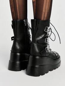 ROMWE Grunge Punk Women Heeled Sandals Punk Style Dark PU Riveted Platform Riding Boots Women Small Height Goth Metal Handsome Locomotive Boots Babes Fried Street Small Boots - Black - View 4