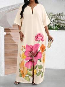 SHEIN Lady Plus Size Floral Print Cutout Round Neck Loose Fit Dress Vacation Summer Vacation Pink Floral Floral Gym Boho Vacation - Multicolor - View 4