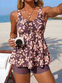 Swim Lushoire Women's Bikini Top With Drawstring Tie And Ruched Detail - Brown - View 1