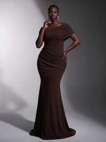 Elitara Plus-Size Elegant Dark Brown Asymmetrical Pleated Fishtail Gown With Train Perfect For Weddings Parties Grand Dinners For Wedding Party Formal - Coffee Brown - View 2