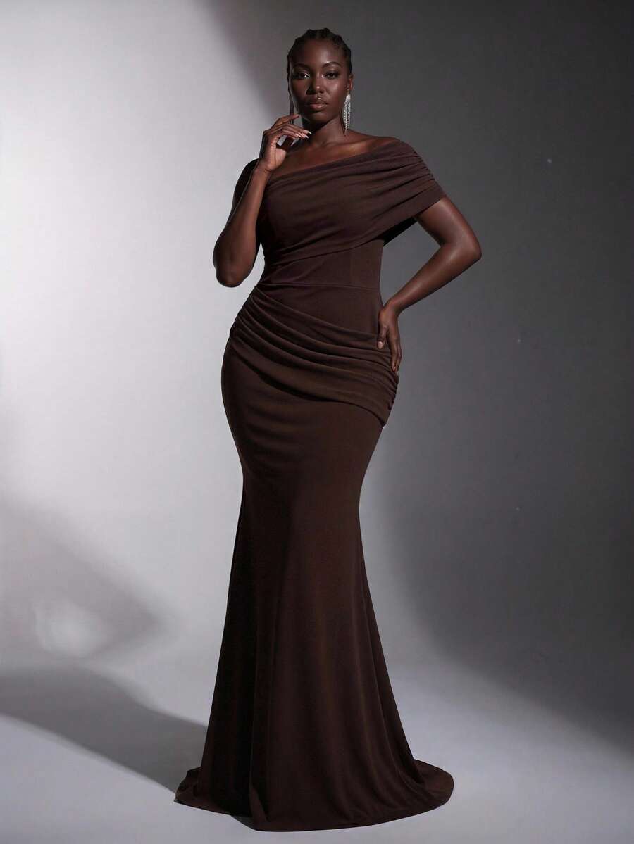 Elitara Plus-Size Elegant Dark Brown Asymmetrical Pleated Fishtail Gown With Train Perfect For Weddings Parties Grand Dinners For Wedding Party Formal