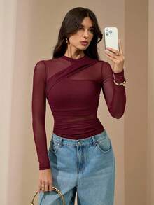 SHEIN Tall 女款棕色透視網紗長袖抓皺小高領緊身衣，適合雞尾酒會、浪漫約會、冬季內搭，適合高個女性 - 酒紅色 - 查看 6