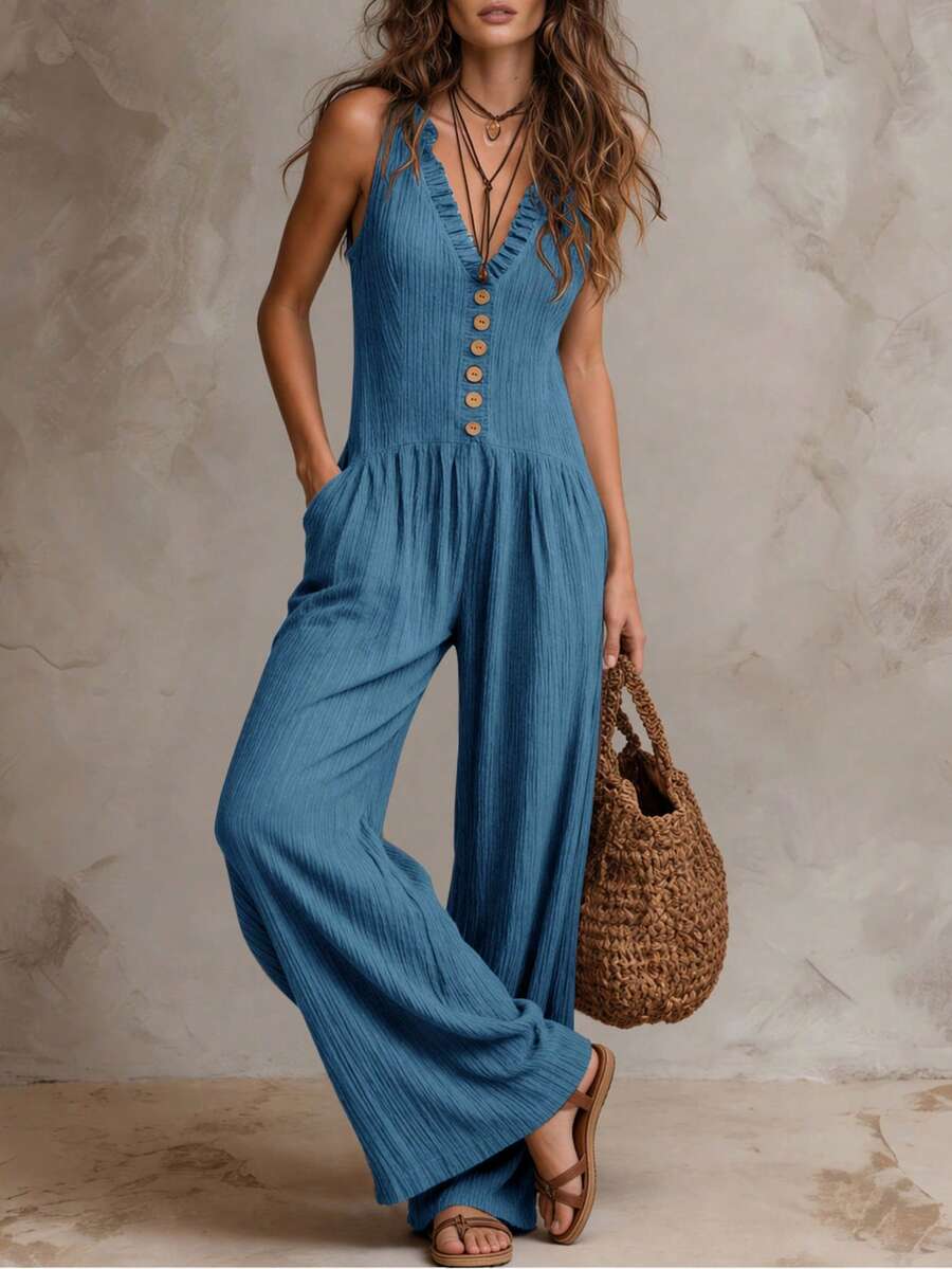 Solivie 女款素色無袖連身褲,適合度假與休閒穿著 - 藍色 - 查看 1