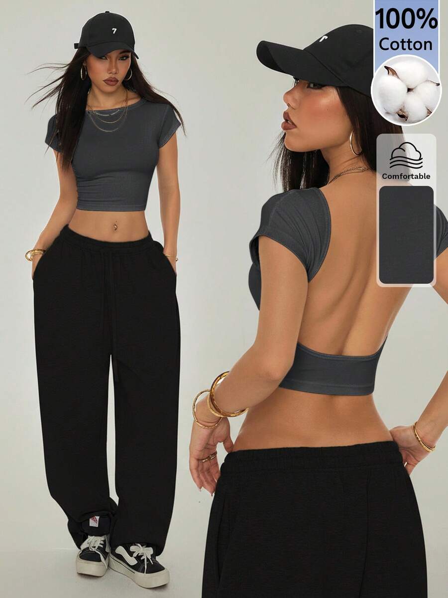 SHEIN PETITE Women's Sexy Solid Color Backless Cropped T-Shirt For Summer - Dark Grey - View 1