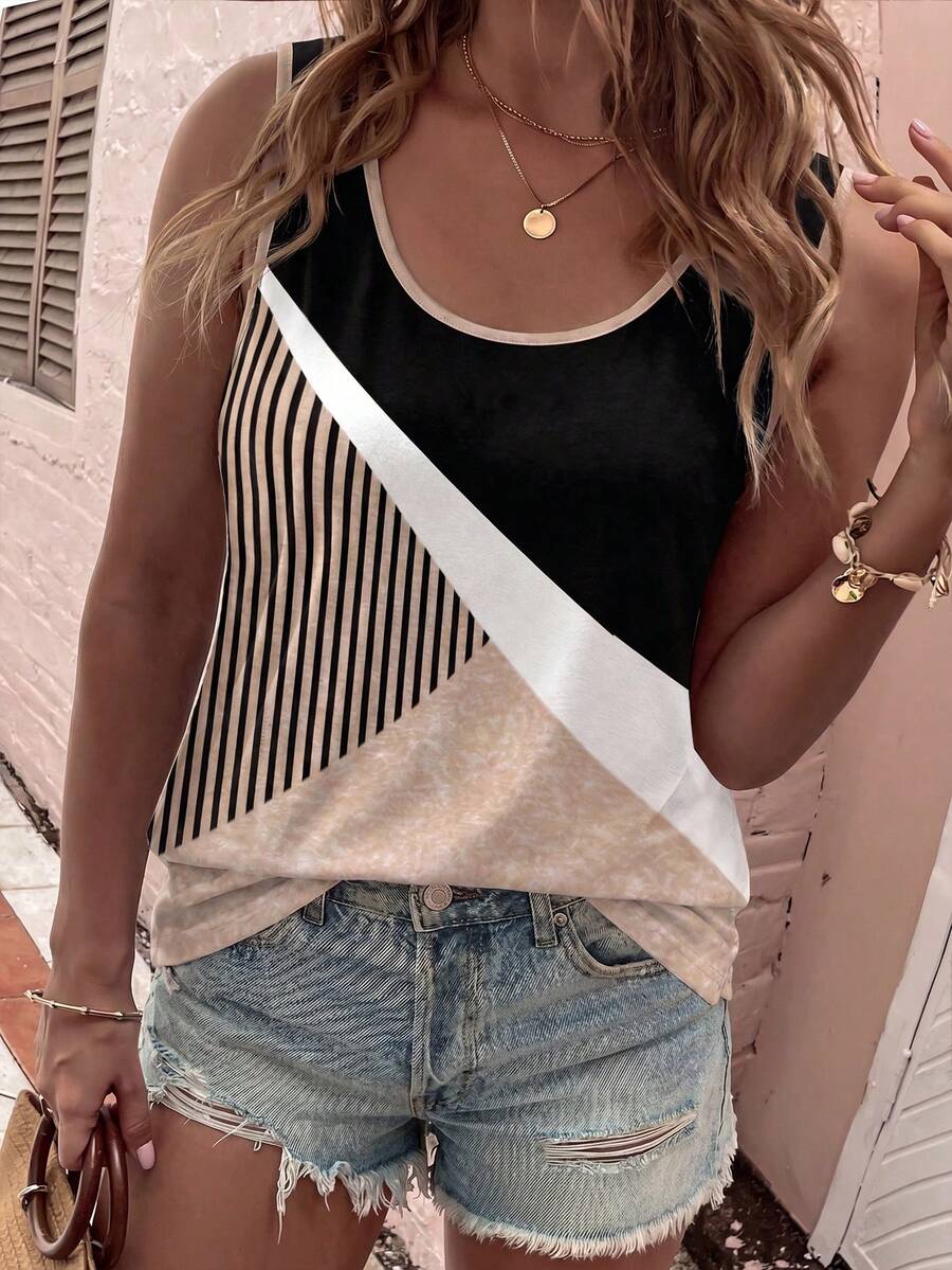 EMERY ROSE CURVE Fashionable New Retro Casual Basic U-Neck Striped Colorblock Tank Top - Multicolor - View 1