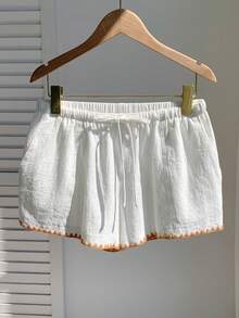Comfortcana Women's Summer Casual Colorblock Trim Embroidered Shorts - White - View 4