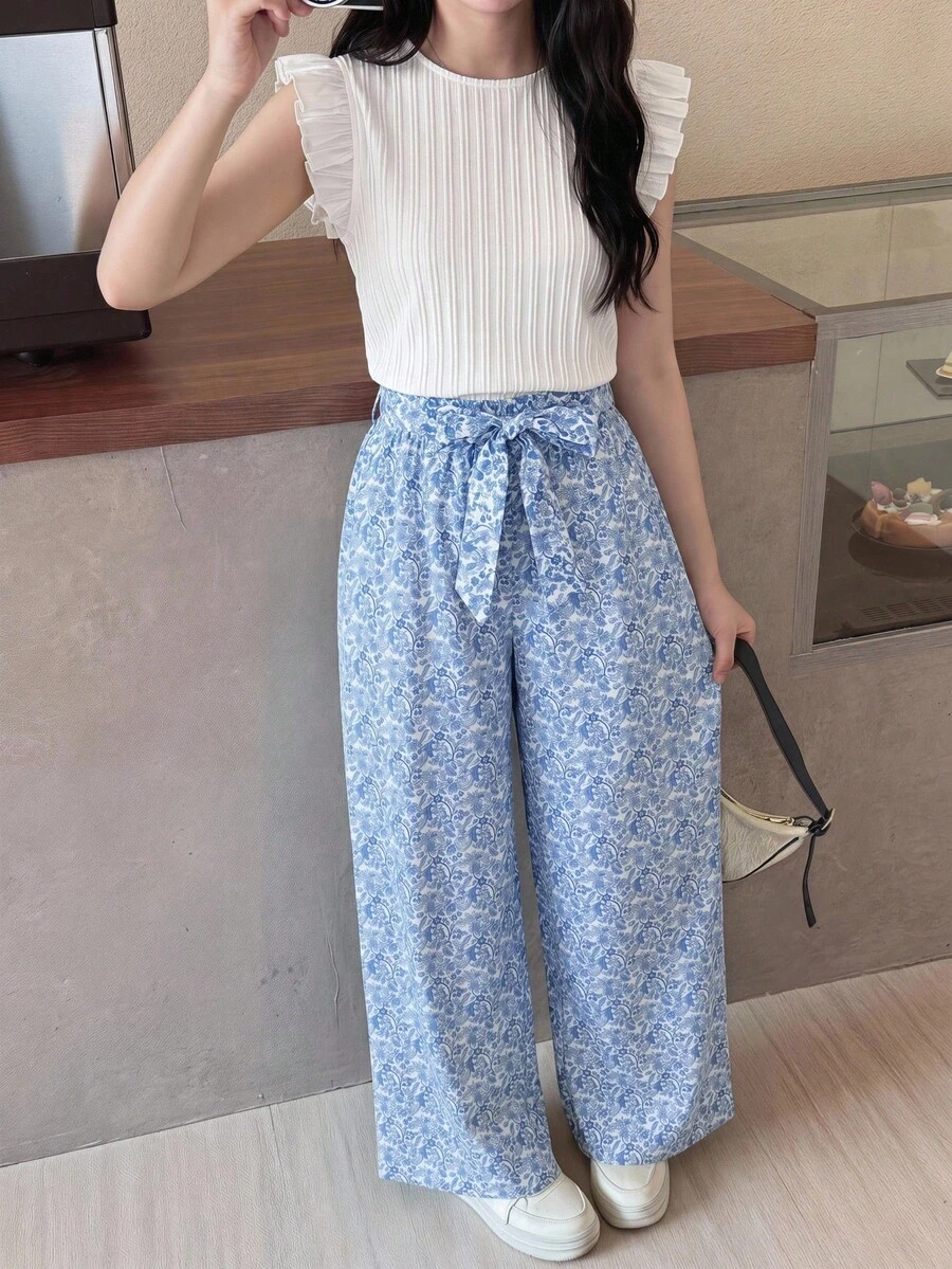 SHEIN 青少年女孩套裝 黃色碎花背心套裝,休閒度假夏季,適合日常通勤、優雅、派對、約會、家庭聚會、度假穿搭 - 藍白色 - 查看 1