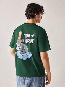 Strevion TOM & JERRY 男士休闲百搭汤姆和杰瑞图案印花圆领短袖T恤 - 墨綠色 - 查看 2