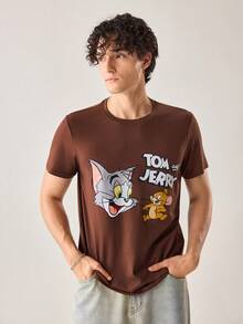 Strevion TOM & JERRY 男士简约汤姆和杰瑞图案印花圆领短袖T恤，夏季款 - 咖啡棕 - 查看 4