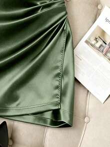 Franclia Fashionable New Glossy Asymmetrical Hem High Waist Slim Pleated Bodycon Skirt For Women, Spring/Summer - Army Green - View 5