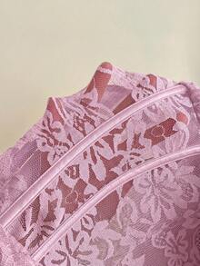 Attitoon 女款休閒復古束腰蕾絲貼身不對稱下擺迷你洋裝，適合Y2K風格 - 粉色 - 查看 3
