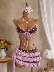 Swim Mod Conjunto de bikini de 3 piezas para mujer con falda de tirantes finos, estampado aleatorio y lazo de encaje, primavera/verano - Multicolor - Ver 3