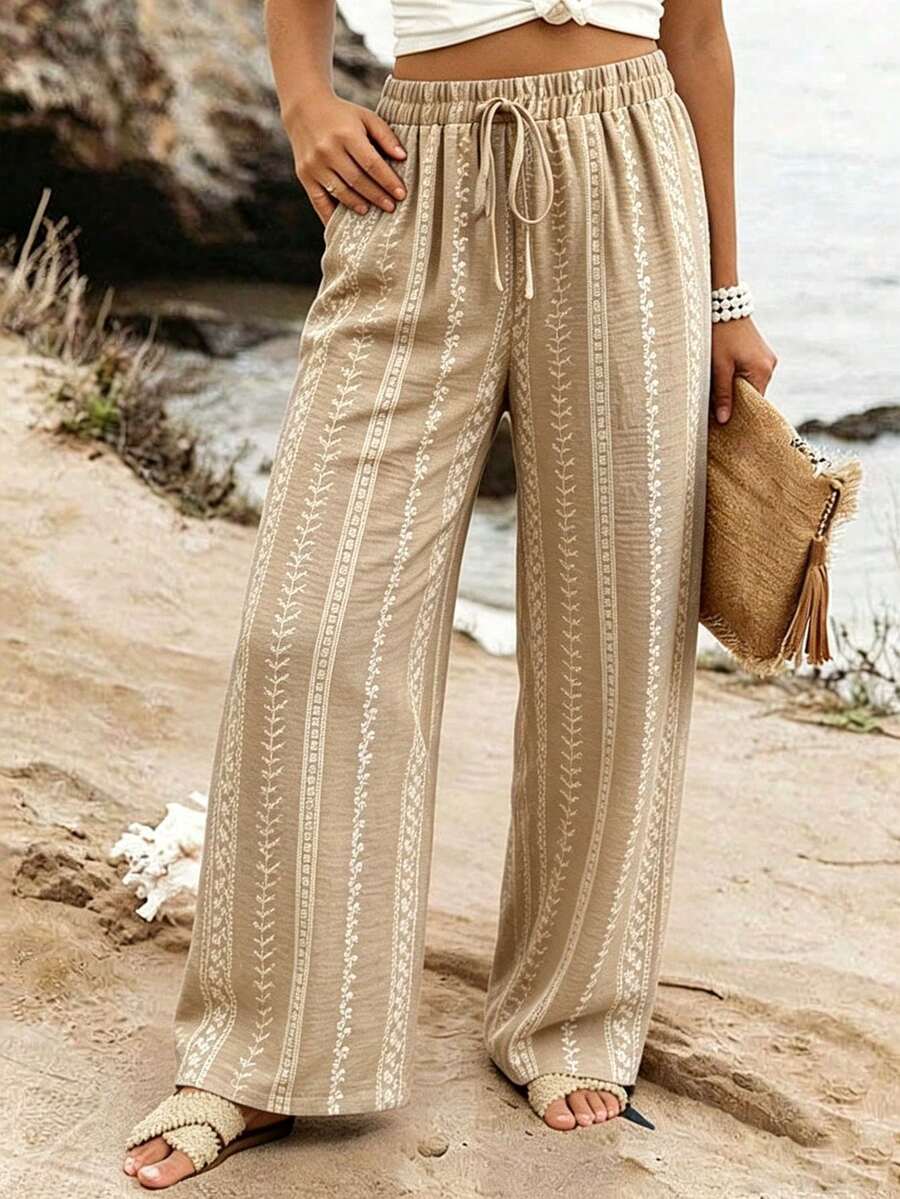 Ceyna Pantalones azules versátiles de tejido casual para vacaciones de primavera/verano en talla grande - Albaricoque - Ver 1