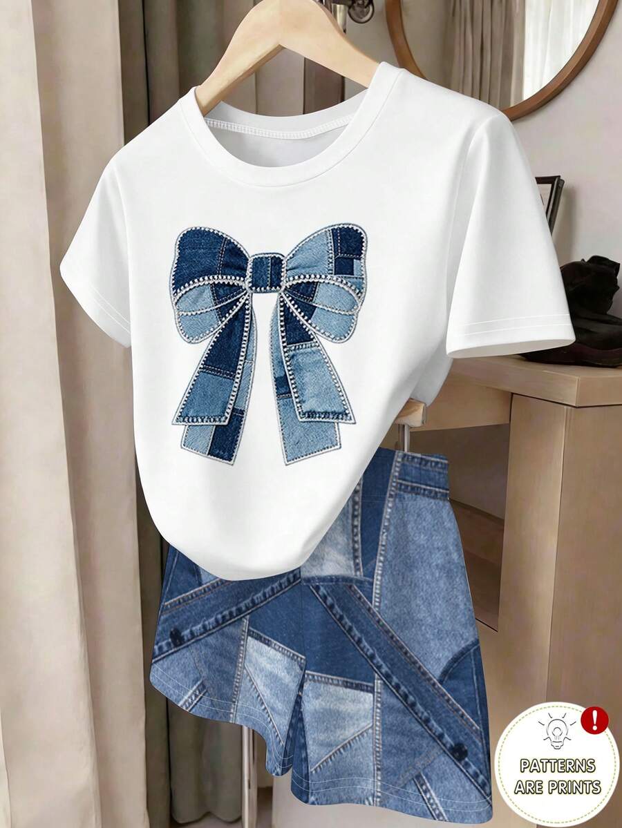 1 bộ áo thun ngắn tay in họa tiết nơ và quần short phong cách tối giản thường ngày cho bé gái, thời trang retro cho đi chơi và dự tiệc mùa hè - Nhiều màu - Xem 1