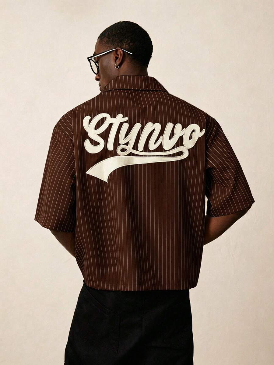STYNVO Men's Striped Print Letter Embroidery Shirt, Ceremony - Brown - View 1