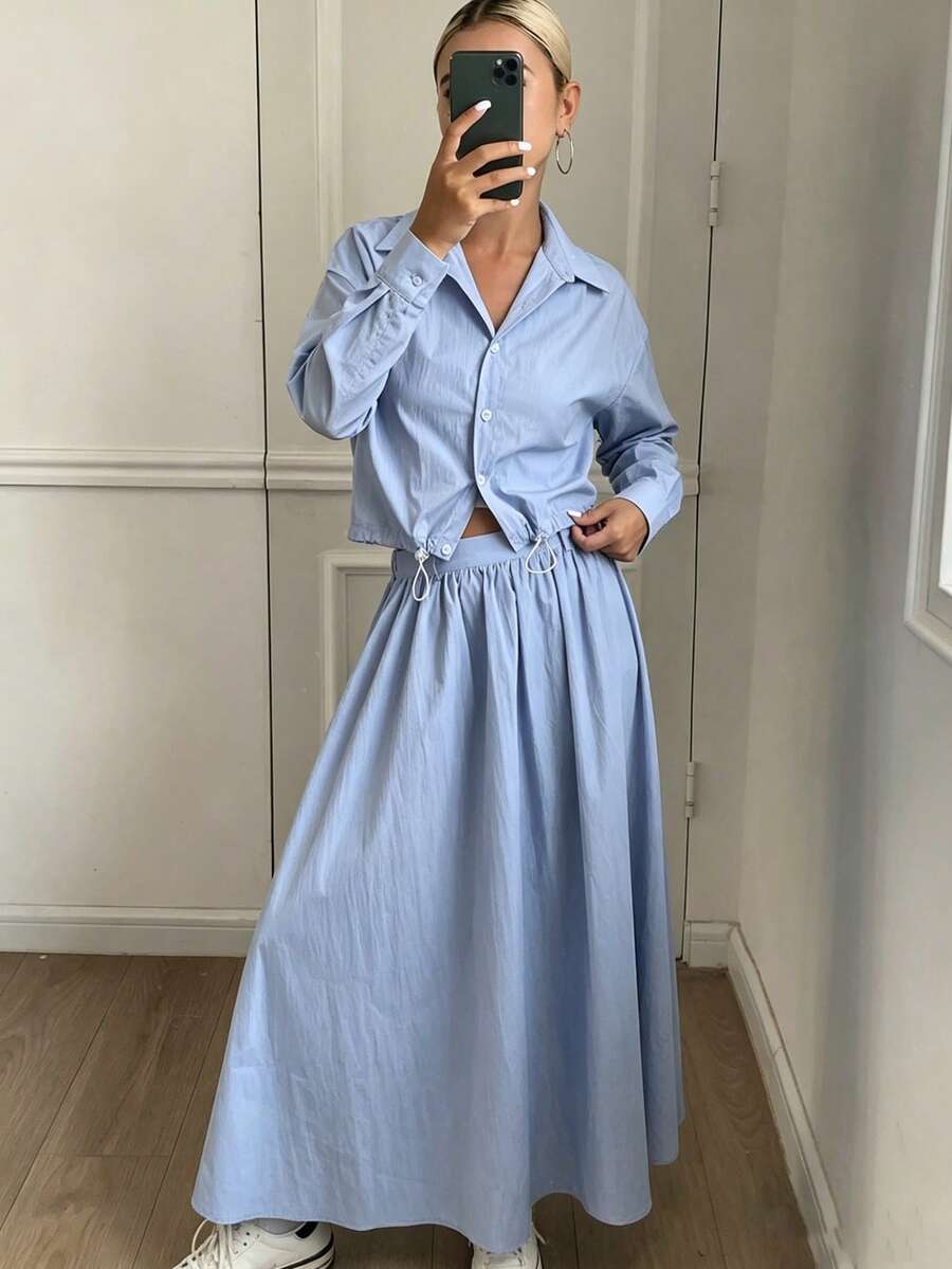 DAZY 女款夏秋寬鬆休閒純色短版上衣與裙子兩件套 - 藍色 - 查看 1