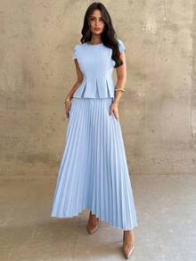 Firerie Women's Summer Elegant Solid Color Pleated Waist-Cinched Top And Pleated Skirt 2 Pieces Set Office Light Blue - Blue - View 5