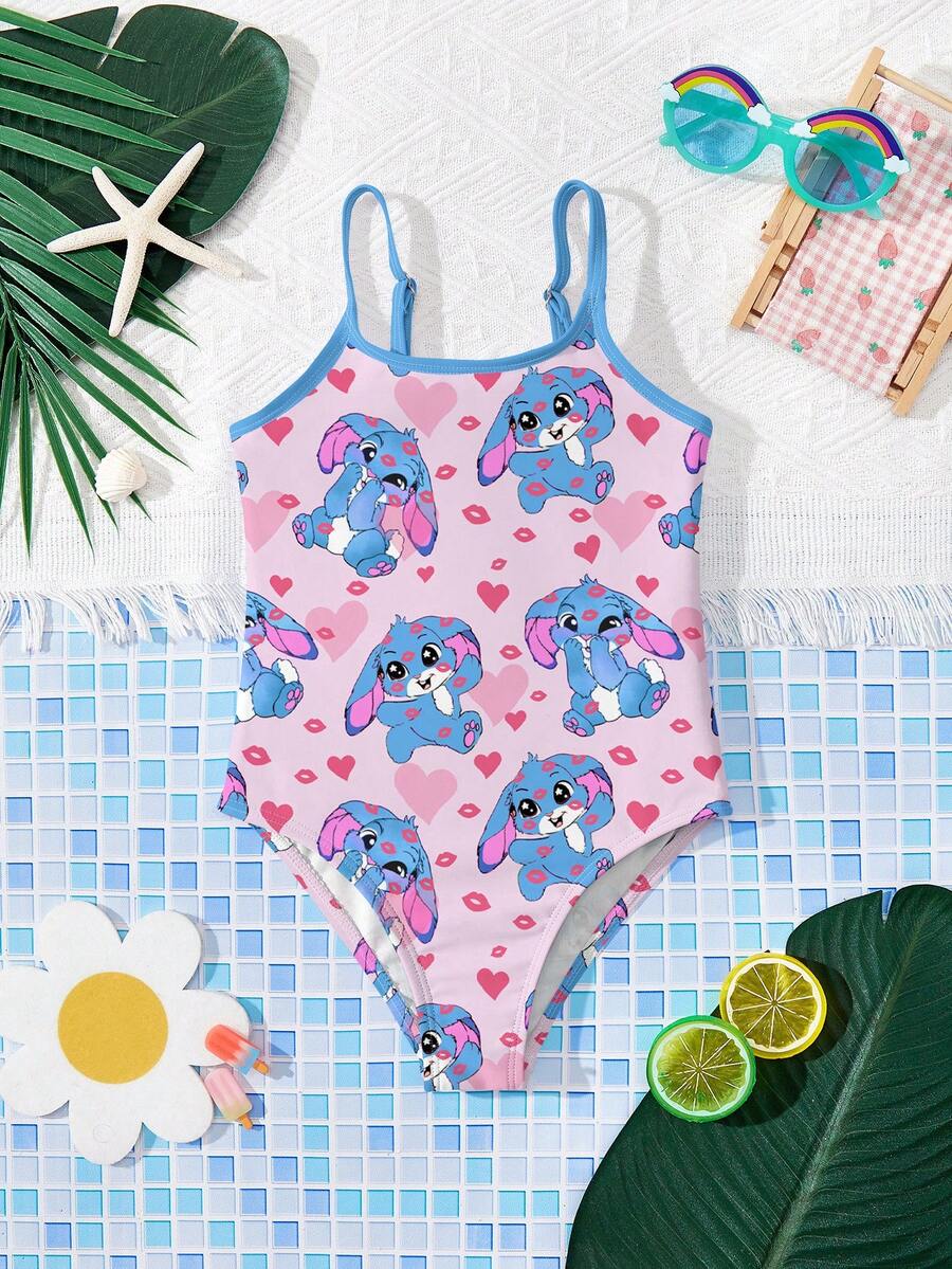 Traje de baño de una pieza casual y minimalista para niñas jóvenes con estampado de conejo azul Lulu, corazón rosa, labios, dibujos animados, lazo, Navidad, otoño, adecuado para vacaciones de verano en la playa, sesión de fotos, vacaciones de verano, traje de baño estético, fiesta en la piscina, campamento de verano, estilo cottagecore - Multicolor - Ver 1