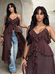 Rustia Plus Size Women Casual/Vacation/Office Sleeveless Brown Woven Shirt - Brown - View 1