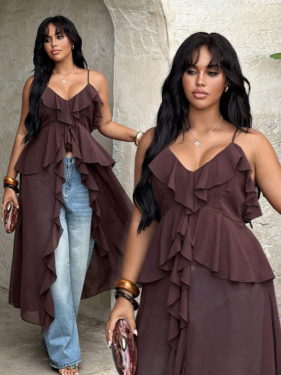 Rustia Plus Size Women Casual/Vacation/Office Sleeveless Brown Woven Shirt - Brown - View 1