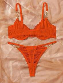 SHEIN Esselle 2pcs/Set Bra Berkawat Renda Wanita Warna Oranye untuk Pengantin Musim Panas - Jeruk - View 2