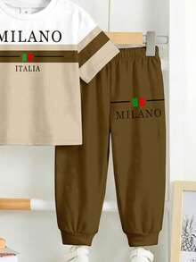 2pcs/Set Baby Boys' Loose Casual Sports Short Sleeve T-Shirt And Pants Set, Suitable For Spring & Summer. Classic Cool Colorblock Graphic Print, Milan City Name And Italian Text Print, Suitable For Campus, Spring & Summer - Multicolor - View 6