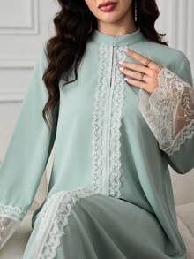 Al Najma Women's Contrast Lace Stand Collar Long Sleeve Elegant Arabian Dress - Green - View 9