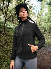 WanderVale In My Nature 1pc Women Solid Color Drawstring Hooded Jacket With Pockets, Outdoor Sports Usewinter Women Tops Keep Warm - Black - View 6