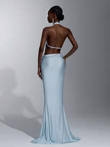 Elitara Elegant Blue Hollow Halter Neck Side Ruched Cutout Backless Bodycon Fishtail Formal Evening Gown Party Wedding Guest Spring - Baby Blue - View 6