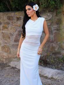 AfricaSnchz New Summer Women Elegant Graceful Ladylike Holiday & Travel Romantic Date White Sleeveless Waist Sheer Mesh Ruffle Fishtail Dress, All White Party Outfit Women - White - View 4
