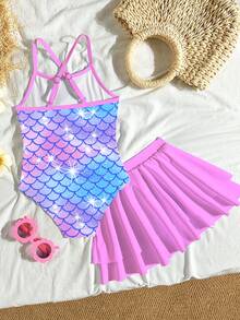SHEIN 少女魚鱗印花細肩帶連身泳衣附裙，適合海邊度假、泳池派對、海灘派對 - 彩色 - 查看 3