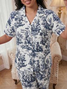 Modelyn Printed Lapel Short Sleeve & Long Pants Pajama Set - Blue - View 3