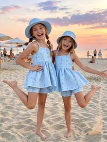 SHEIN Elladie kids 小女孩粉色碎花吊带背心和短裤套装，清爽舒适的夏季服装 - 藍色 - 查看 1