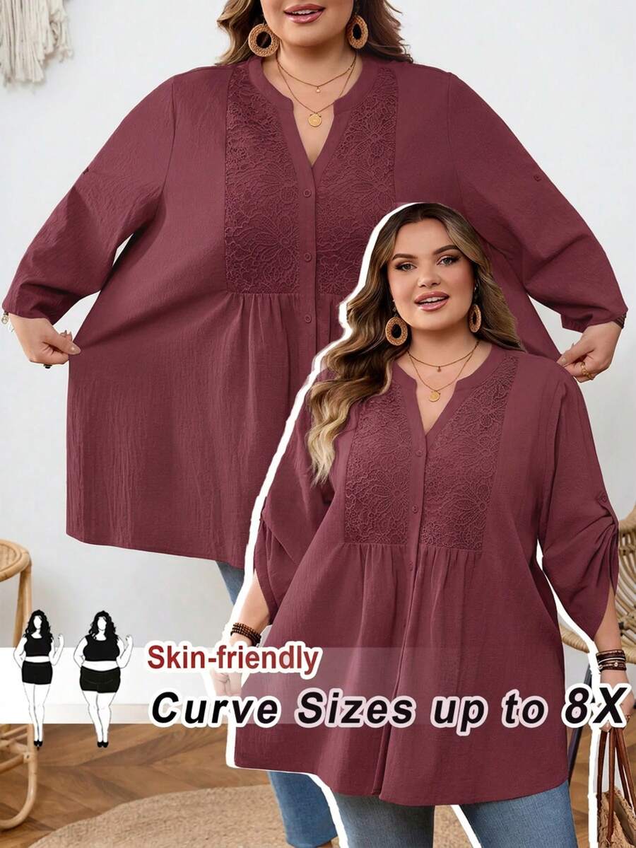 SHEIN CURVE+ 大尺碼 US22 音樂節海邊度假波西米亞休閒純色蕾絲拼接前扣寬鬆襯衫 - 酒紅色 - 查看 1