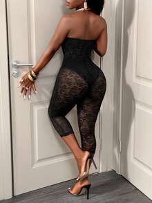 BamGleam Black Lace Bustier Sheer Mesh Jacquard Slim Fit Midi Jumpsuit - Black - View 3