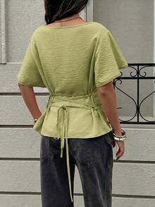 Siren Gaze Women's Textured Solid Color Casual Cinched Waist Pleated Short Sleeve Shirt - Mustard Yellow - View 2